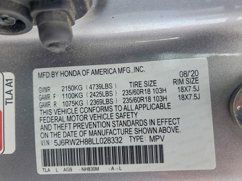 2020 Honda Cr-v მანქანა იყიდება აუქციონზე, vin: 5J6RW2H88LL028332, აუქციონის ნომერი: 57165936