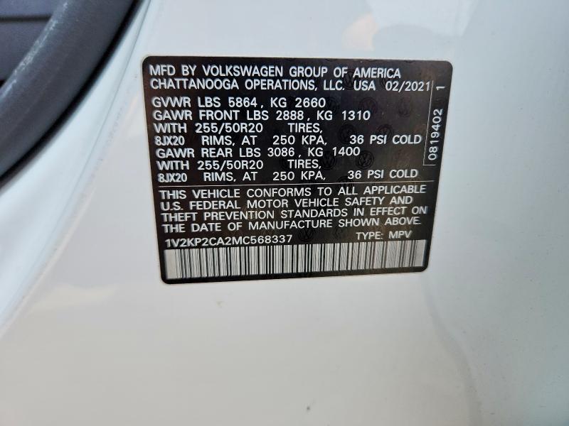 56883686 :رقم المزاد ، 1V2KP2CA2MC568337 vin ، 2021 Volkswagen Atlas مزاد بيع