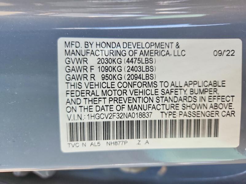 Продаж на аукціоні авто 2022 Honda Accord, vin: 1HGCV2F32NA018837, номер лоту: 58842766
