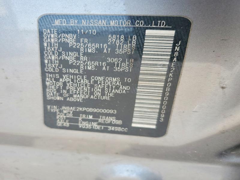 59006836 :رقم المزاد ، JN8AE2KP0B9000093 vin ، 2011 Nissan Quest مزاد بيع