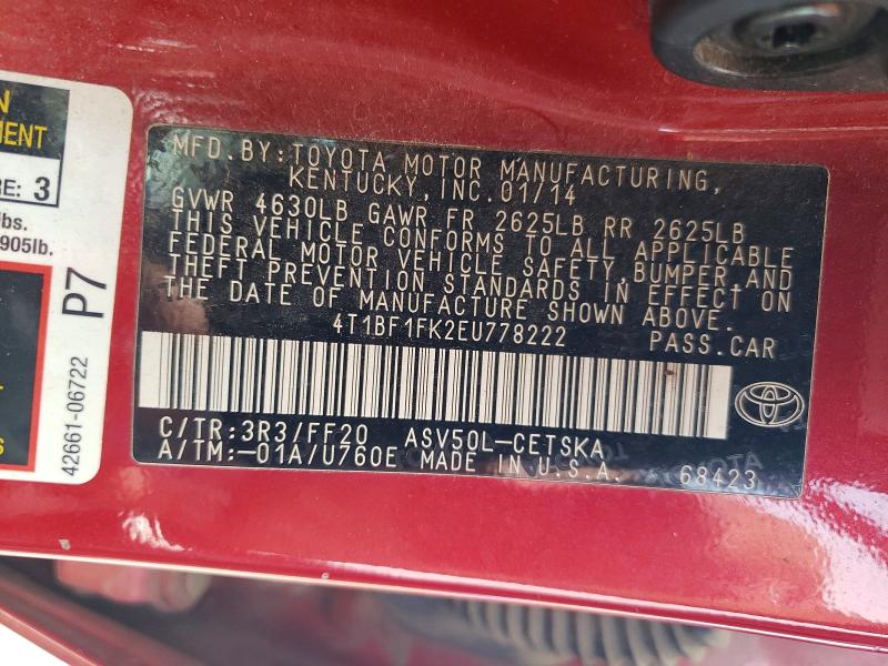 Продаж на аукціоні авто 2014 Toyota Camry, vin: 4T1BF1FK2EU778222, номер лоту: 57782216