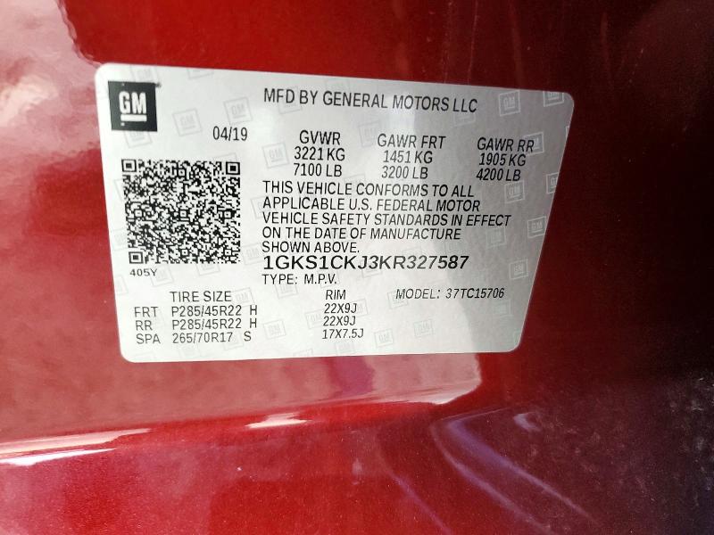 56721426 :رقم المزاد ، 1GKS1CKJ3KR327587 vin ، 2019 Gmc Yukon مزاد بيع