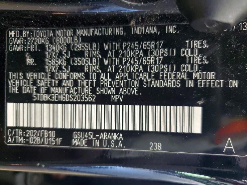 Продажа на аукционе авто 2013 Toyota Highlander, vin: 5TDBK3EH6DS203562, номер лота: 55882936