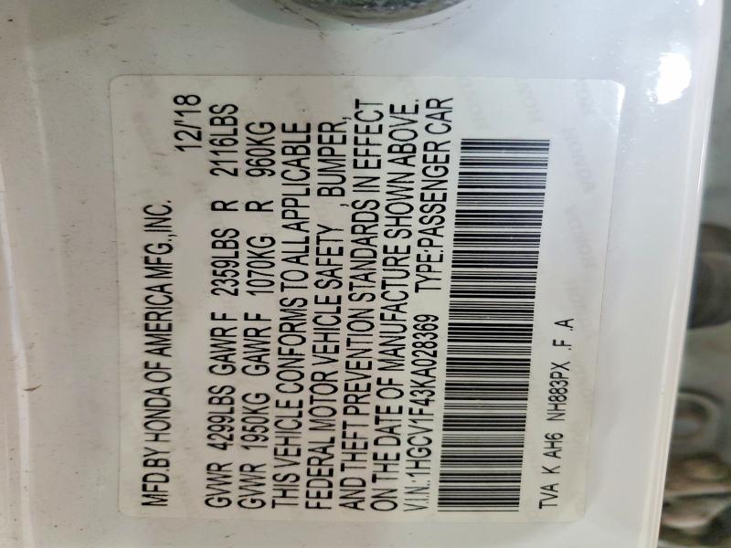 59339016 :رقم المزاد ، 1HGCV1F43KA028369 vin ، 2019 Honda Accord مزاد بيع