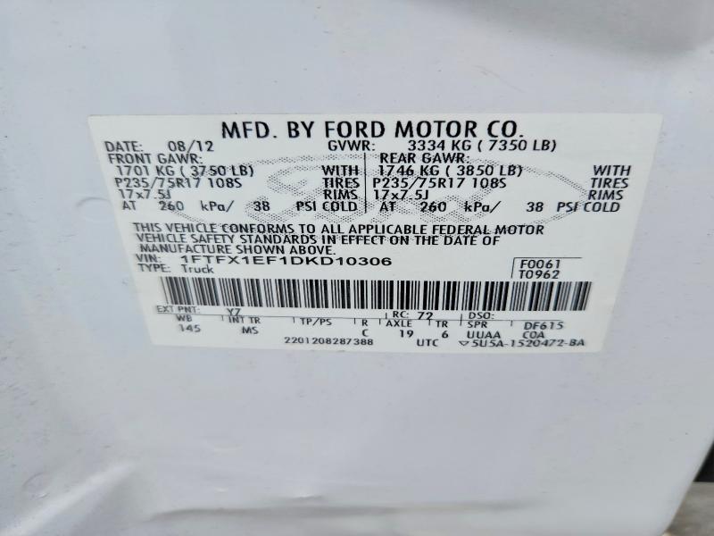 2013 Ford F150 მანქანა იყიდება აუქციონზე, vin: 1FTFX1EF1DKD10306, აუქციონის ნომერი: 57840306