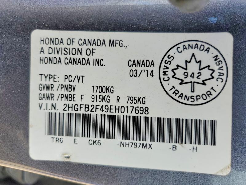 Продаж на аукціоні авто 2014 Honda Civic, vin: 2HGFB2F49EH017698, номер лоту: 55940986