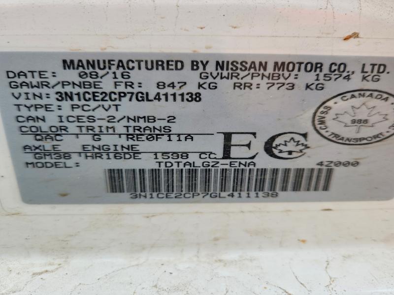 55568846 :رقم المزاد ، 3N1CE2CP7GL411138 vin ، 2016 Nissan Versa Note مزاد بيع