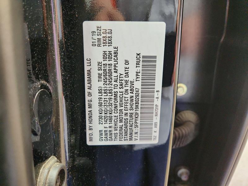 58938636 :رقم المزاد ، 5FPYK3F19KB029247 vin ، 2019 Honda Ridgeline مزاد بيع
