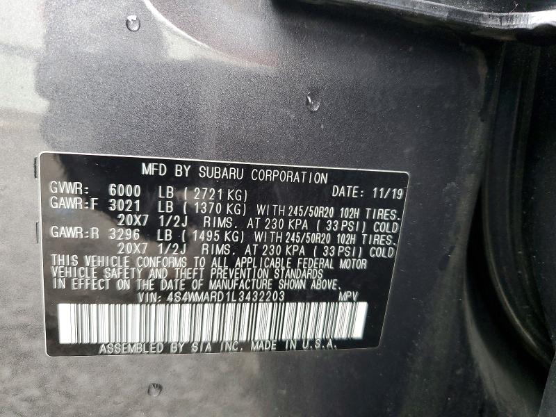 2020 Subaru Ascent მანქანა იყიდება აუქციონზე, vin: 4S4WMARD1L3432203, აუქციონის ნომერი: 58219666