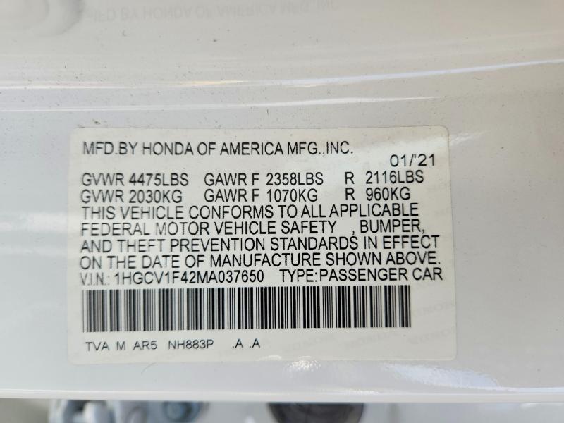58431316 :رقم المزاد ، 1HGCV1F42MA037650 vin ، 2021 Honda Accord مزاد بيع