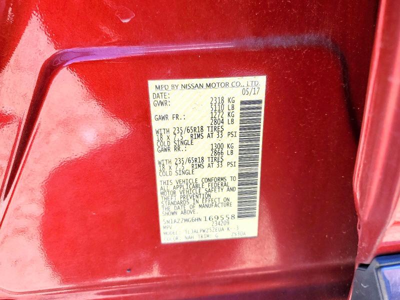 59218716 :رقم المزاد ، 5N1AZ2MG6HN169558 vin ، 2017 Nissan Murano مزاد بيع