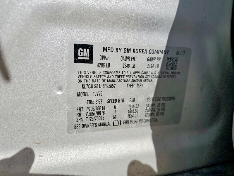 Aukcja sprzedaży 2017 Chevrolet Trax, vin: KL7CJLSB1HB093652, numer aukcji: 55912206
