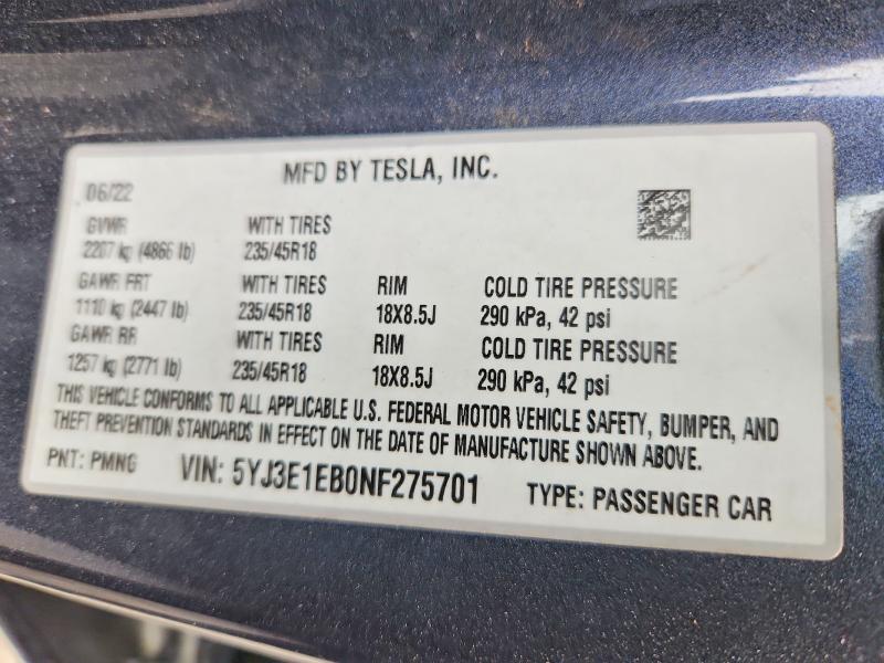 57434806 :رقم المزاد ، 5YJ3E1EB0NF275701 vin ، 2022 Tesla Model 3 مزاد بيع