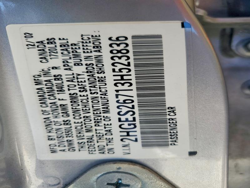 2003 Honda Civic მანქანა იყიდება აუქციონზე, vin: 2HGES26713H523836, აუქციონის ნომერი: 57347236