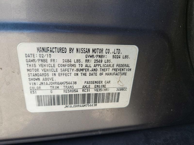 57544036 :رقم المزاد ، JN1AJ0HR4AM754438 vin ، 2010 Infiniti Ex35 مزاد بيع