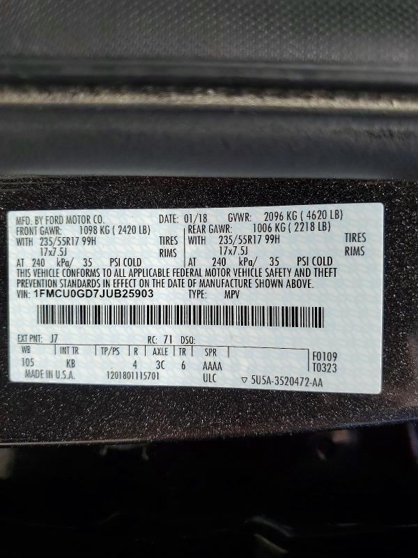 Продаж на аукціоні авто 2018 Ford Escape, vin: 1FMCU0GD7JUB25903, номер лоту: 57382786