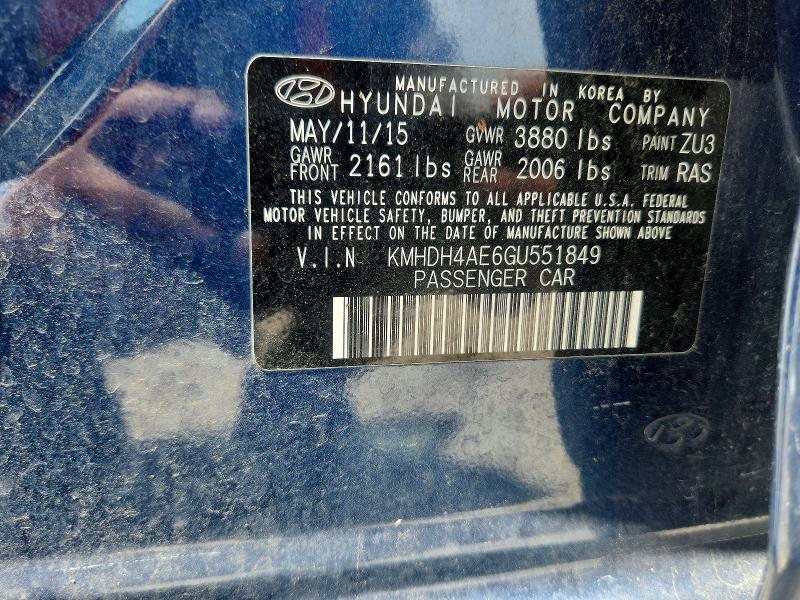 2016 Hyundai Elantra მანქანა იყიდება აუქციონზე, vin: KMHDH4AE6GU551849, აუქციონის ნომერი: 56056436