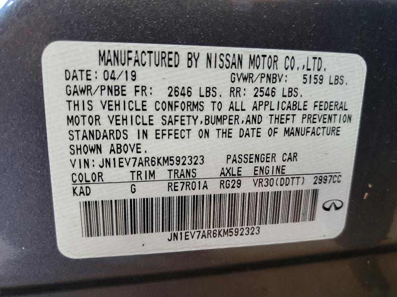 Продаж на аукціоні авто 2019 Infiniti Q50, vin: JN1EV7AR6KM592323, номер лоту: 58120386