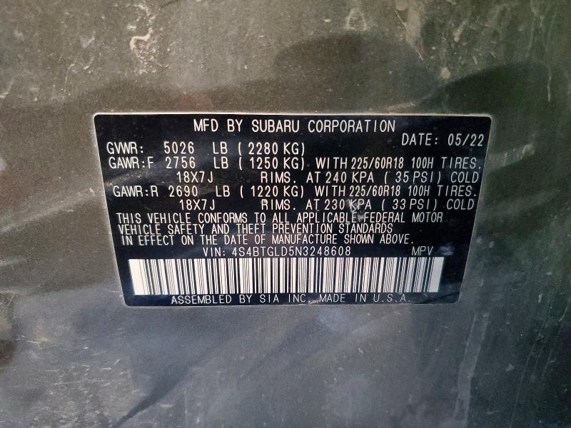 Aukcja sprzedaży 2022 Subaru Outback, vin: 4S4BTGLD5N3248608, numer aukcji: 56888356