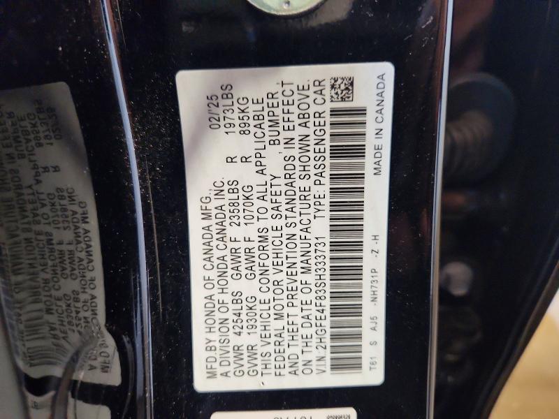 2025 Honda Civic მანქანა იყიდება აუქციონზე, vin: 2HGFE4F83SH333731, აუქციონის ნომერი: 55960026