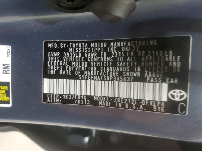 Продаж на аукціоні авто 2022 Toyota Corolla, vin: 5YFEPMAE5NP345637, номер лоту: 58829836