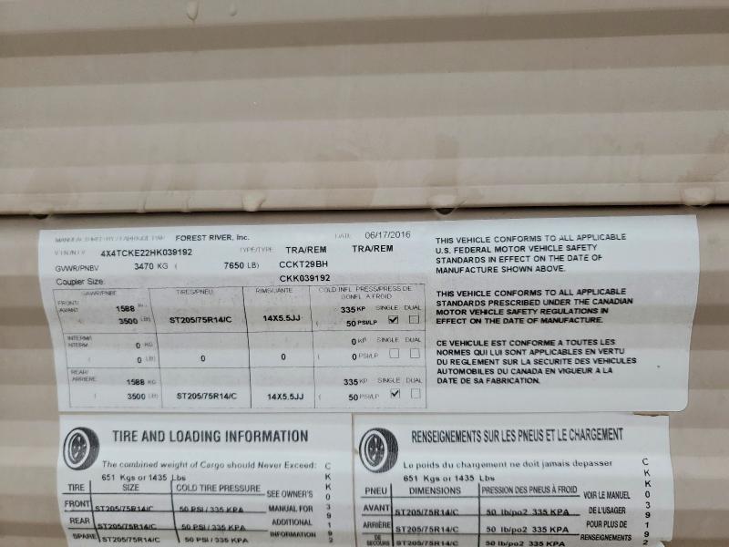2017 Forest Riv Recreational Vehicle (rv) მანქანა იყიდება აუქციონზე, vin: 4X4TCKE22HK039192, აუქციონის ნომერი: 57938996