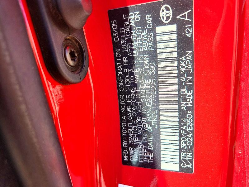 2005 Scion Tc მანქანა იყიდება აუქციონზე, vin: JTKDE177950051380, აუქციონის ნომერი: 51553586