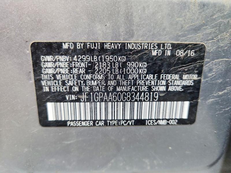 57109506 :رقم المزاد ، JF1GPAA60G8344819 vin ، 2016 Subaru Impreza مزاد بيع
