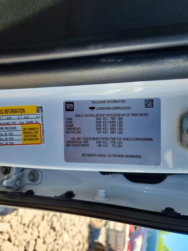 Продаж на аукціоні авто 2022 Chevrolet Tahoe, vin: 1GNSKNKD3NR210151, номер лоту: 55240496