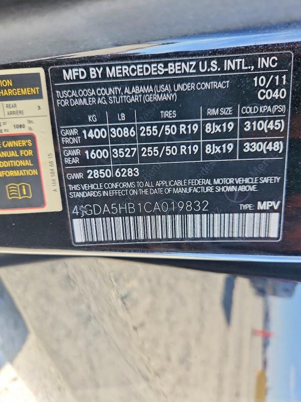 Aukcja sprzedaży 2012 Mercedes-benz Ml, vin: 4JGDA5HB1CA019832, numer aukcji: 57719546