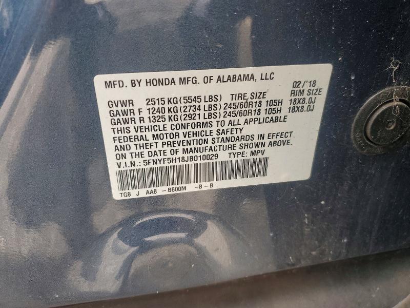 55741516 :رقم المزاد ، 5FNYF5H18JB010029 vin ، 2018 Honda Pilot مزاد بيع