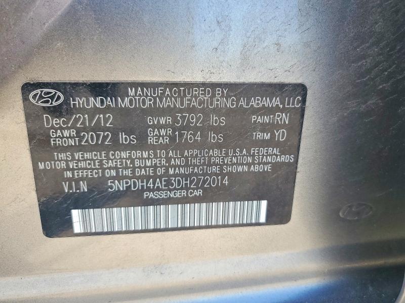 2013 Hyundai Elantra მანქანა იყიდება აუქციონზე, vin: 5NPDH4AE3DH272014, აუქციონის ნომერი: 55654746