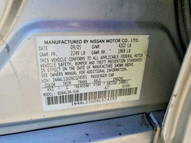 2006 Nissan Altima მანქანა იყიდება აუქციონზე, vin: 1N4AL11D26C124593, აუქციონის ნომერი: 56688346