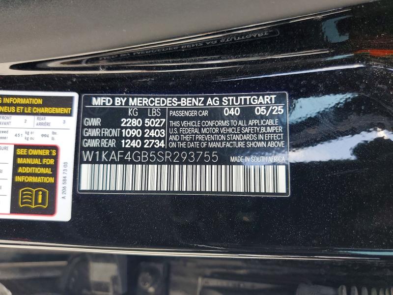 55554606 :رقم المزاد ، W1KAF4GB5SR293755 vin ، 2025 Mercedes-benz C مزاد بيع