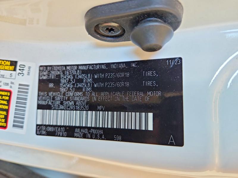 55853566 :رقم المزاد ، 5TDJRKEC2RS183520 vin ، 2024 Toyota Sienna مزاد بيع