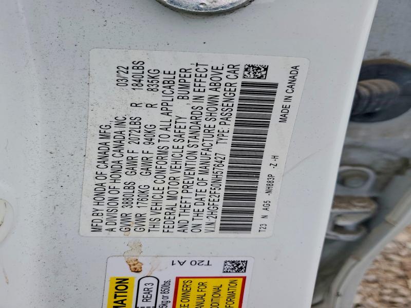 Aukcja sprzedaży 2022 Honda Civic, vin: 2HGFE2F50NH576427, numer aukcji: 58234376
