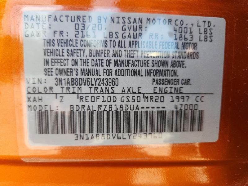 2020 Nissan Sentra მანქანა იყიდება აუქციონზე, vin: 3N1AB8DV6LY243960, აუქციონის ნომერი: 56888256