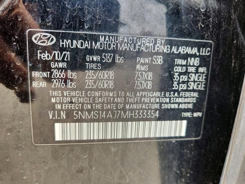 2021 Hyundai Santa Fe მანქანა იყიდება აუქციონზე, vin: 5NMS14AJ7MH333354, აუქციონის ნომერი: 54830496