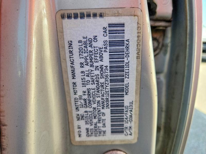 2000 Toyota Corolla მანქანა იყიდება აუქციონზე, vin: 1NXBR12E7YZ356734, აუქციონის ნომერი: 55847176