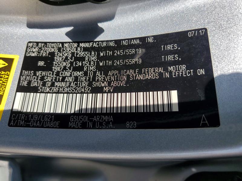 Aukcja sprzedaży 2017 Toyota Highlander, vin: 5TDKZRFH3HS520492, numer aukcji: 56246546