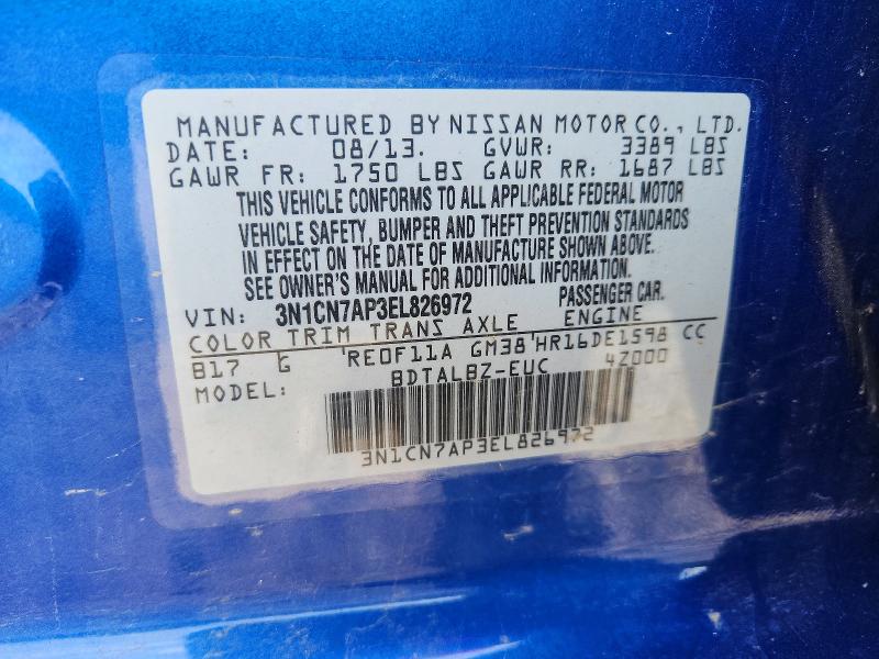 56341396 :رقم المزاد ، 3N1CN7AP3EL826972 vin ، 2014 Nissan Versa مزاد بيع