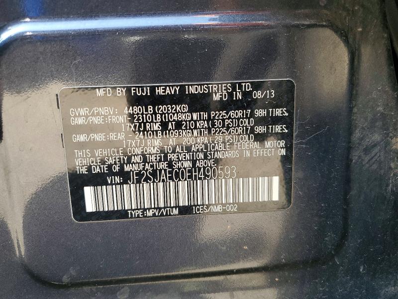2014 Subaru Forester მანქანა იყიდება აუქციონზე, vin: JF2SJAEC0EH490593, აუქციონის ნომერი: 58386426
