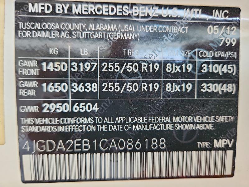 Aukcja sprzedaży 2012 Mercedes-benz Ml, vin: 4JGDA2EB1CA086188, numer aukcji: 58744556