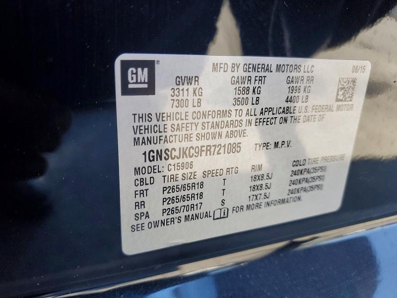 2015 Chevrolet Suburban მანქანა იყიდება აუქციონზე, vin: 1GNSCJKC9FR721085, აუქციონის ნომერი: 56584606