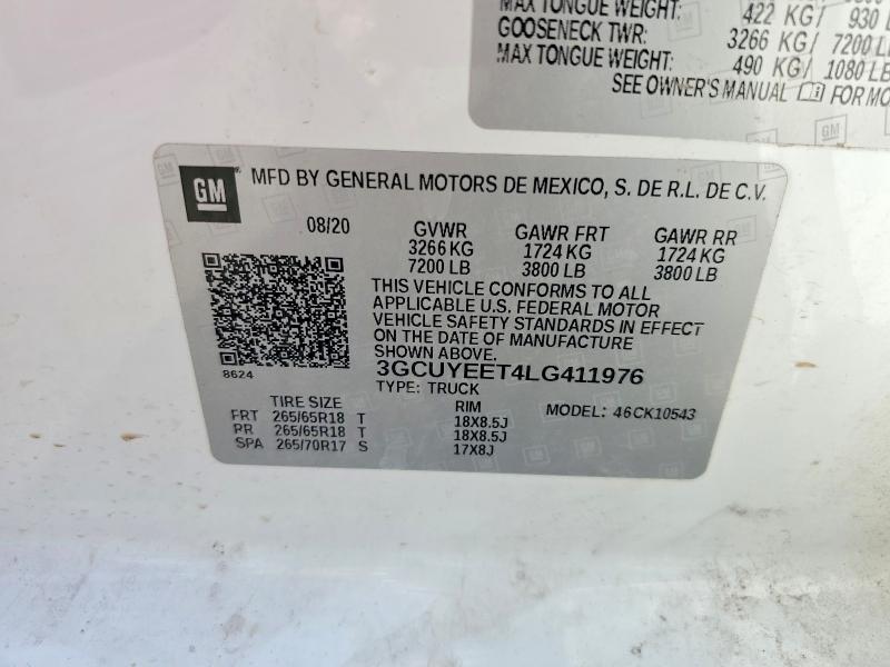 Продаж на аукціоні авто 2020 Chevrolet Silverado, vin: 3GCUYEET4LG411976, номер лоту: 58029046
