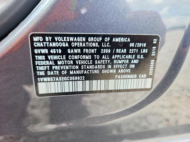2016 Volkswagen Passat მანქანა იყიდება აუქციონზე, vin: 1VWBS7A32GC059822, აუქციონის ნომერი: 57257916