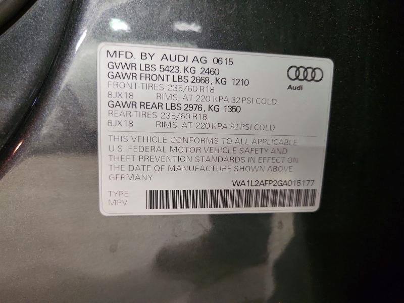 2016 Audi Q5 მანქანა იყიდება აუქციონზე, vin: WA1L2AFP2GA015177, აუქციონის ნომერი: 57992256