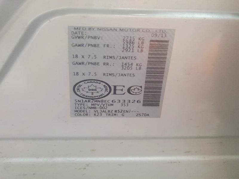 58921176 :رقم المزاد ، 5N1AR2MN8EC633326 vin ، 2014 Nissan Pathfinder مزاد بيع