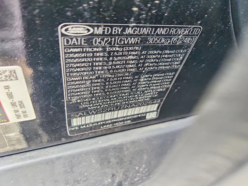 2022 Land Rover Range Rover Sport მანქანა იყიდება აუქციონზე, vin: SALWS2RU7NA202544, აუქციონის ნომერი: 58625966