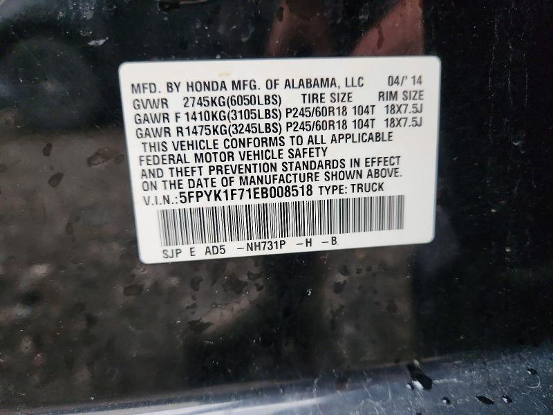Aukcja sprzedaży 2014 Honda Ridgeline, vin: 5FPYK1F71EB008518, numer aukcji: 56851066